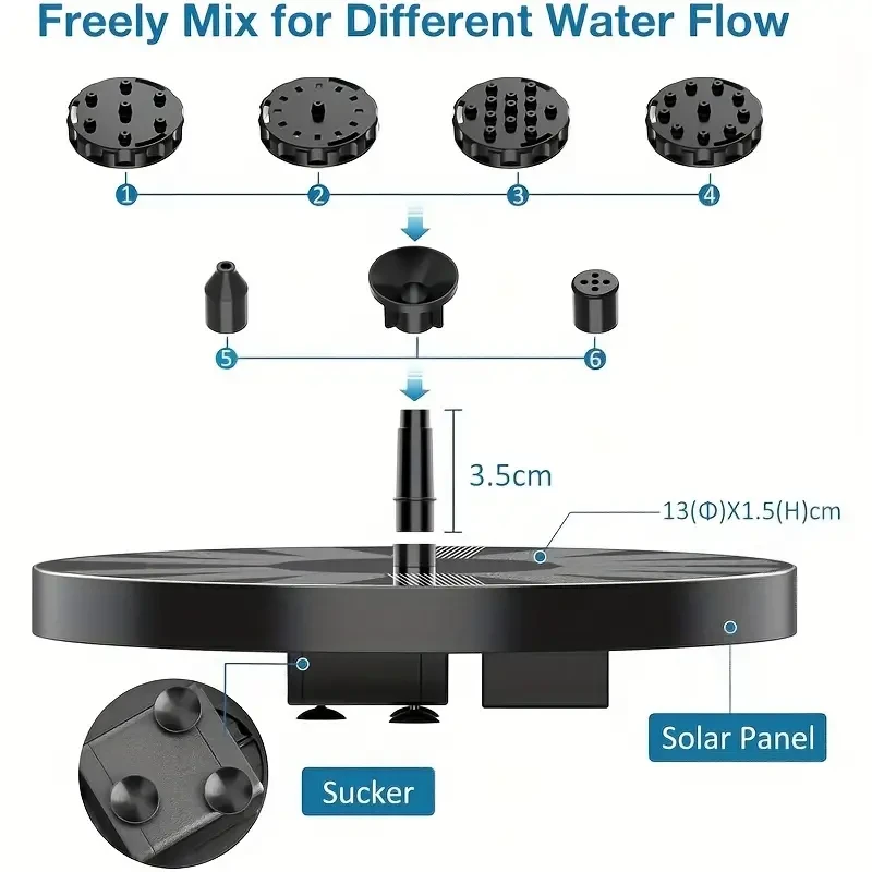 3.5W Solar Fountain Pump with 6 Nozzles - Solar Birdbath Fountain for Garden, Pond, Fish Tank, and Aquarium