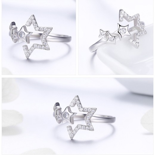 Simple Fashion Star Open Female Ring 925 Sterling Silver With Platinum Plated Diamonds
