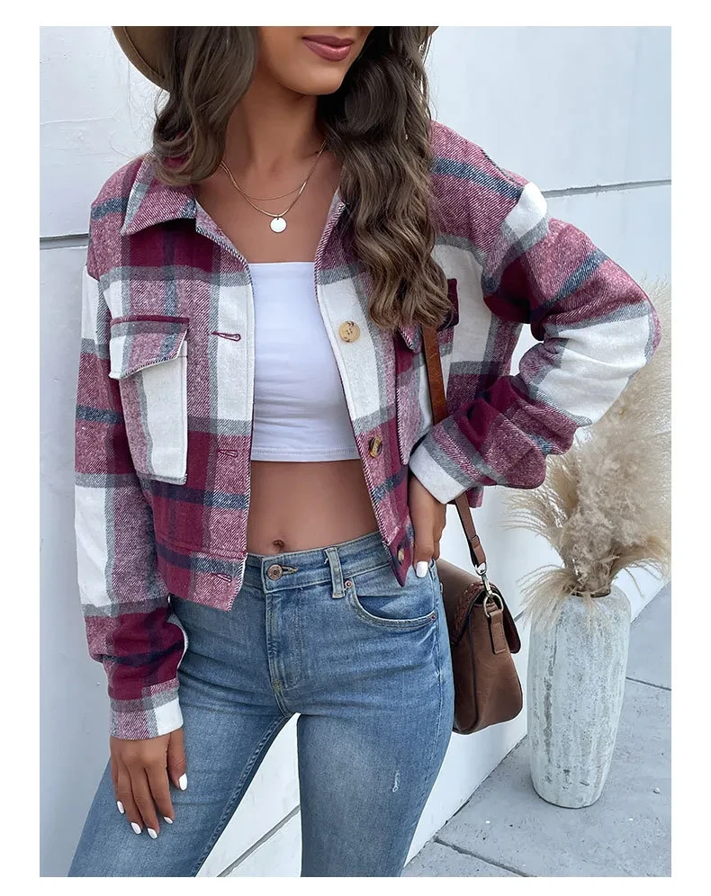 Plaid Lapel Cropped Jacket With Pockets Fashion Button Long Sleeve Short Outwear Tops Coat For Womens Clothing