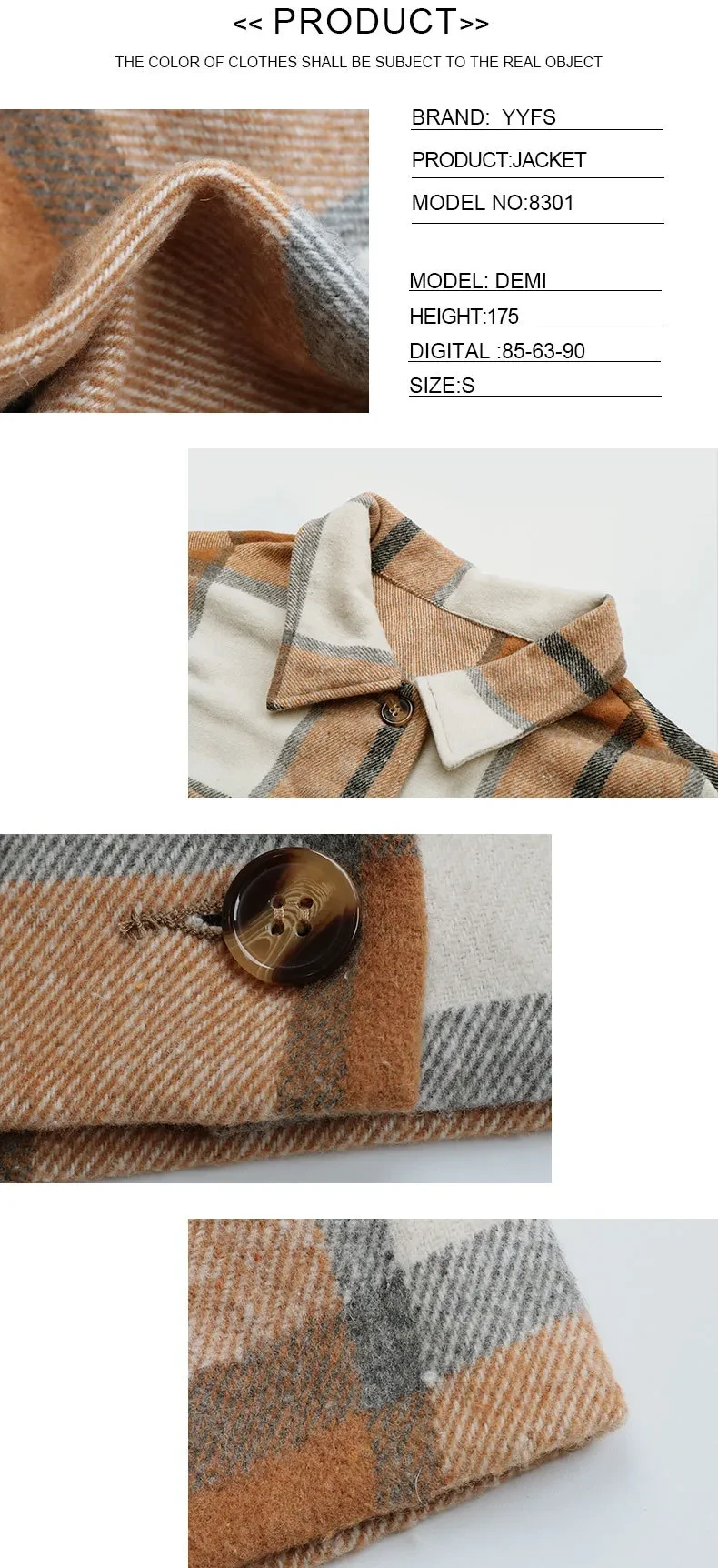 Plaid Lapel Cropped Jacket With Pockets Fashion Button Long Sleeve Short Outwear Tops Coat For Womens Clothing