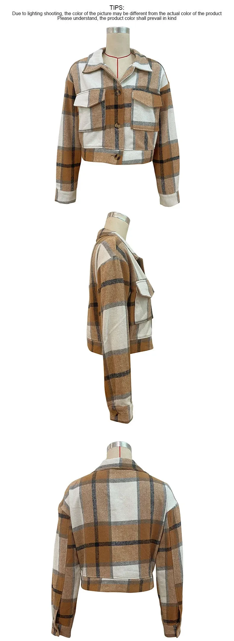 Plaid Lapel Cropped Jacket With Pockets Fashion Button Long Sleeve Short Outwear Tops Coat For Womens Clothing