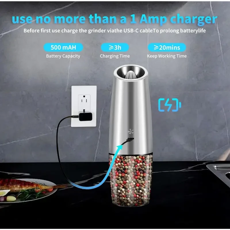USB Rechargeable Salt and Pepper Grinder Set - Electric Mill with Adjustable Coarseness and LED Light