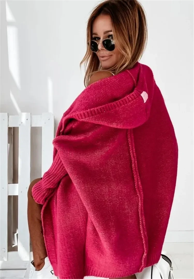 Fashion Bat Sleeve Hooded Cardigan Oversized Loose Temperament Solid Color Sweater Womens Clothing