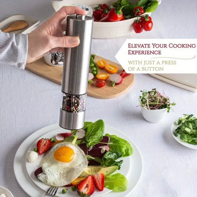 Electric Salt and Pepper Grinder Set - Battery Operated Stainless Steel Mill with Light
