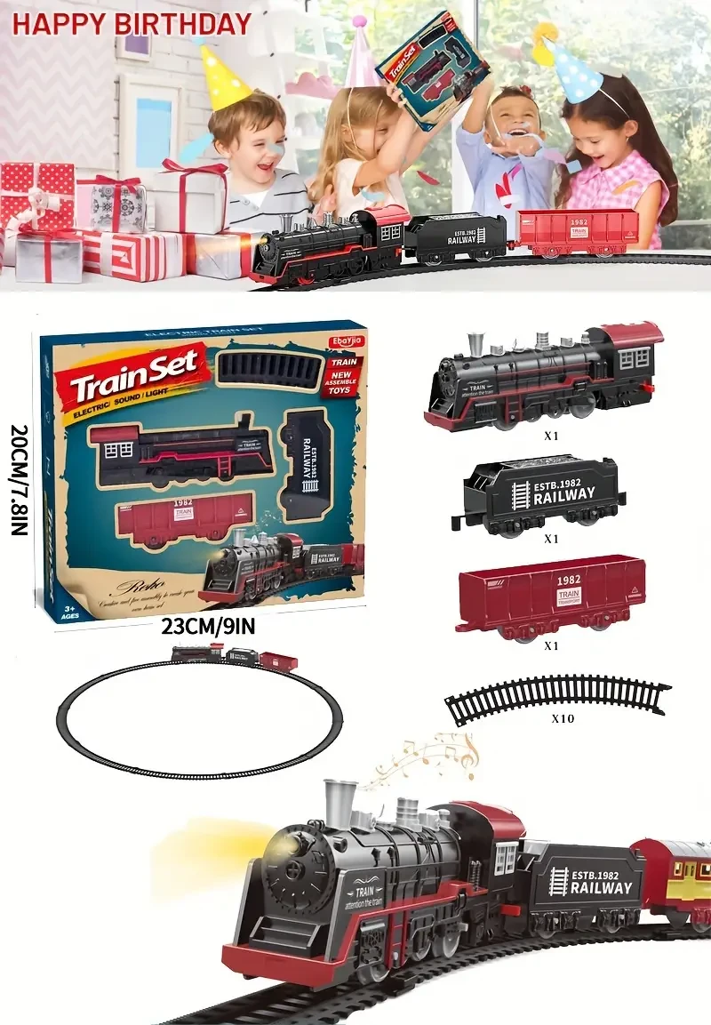Vintage Steam Engine Electric Train Set with Lights & Sounds - Battery-Powered, Non-Rechargeable AA Batteries Included - Perfect Gift for Christmas, Halloween, Thanksgiving