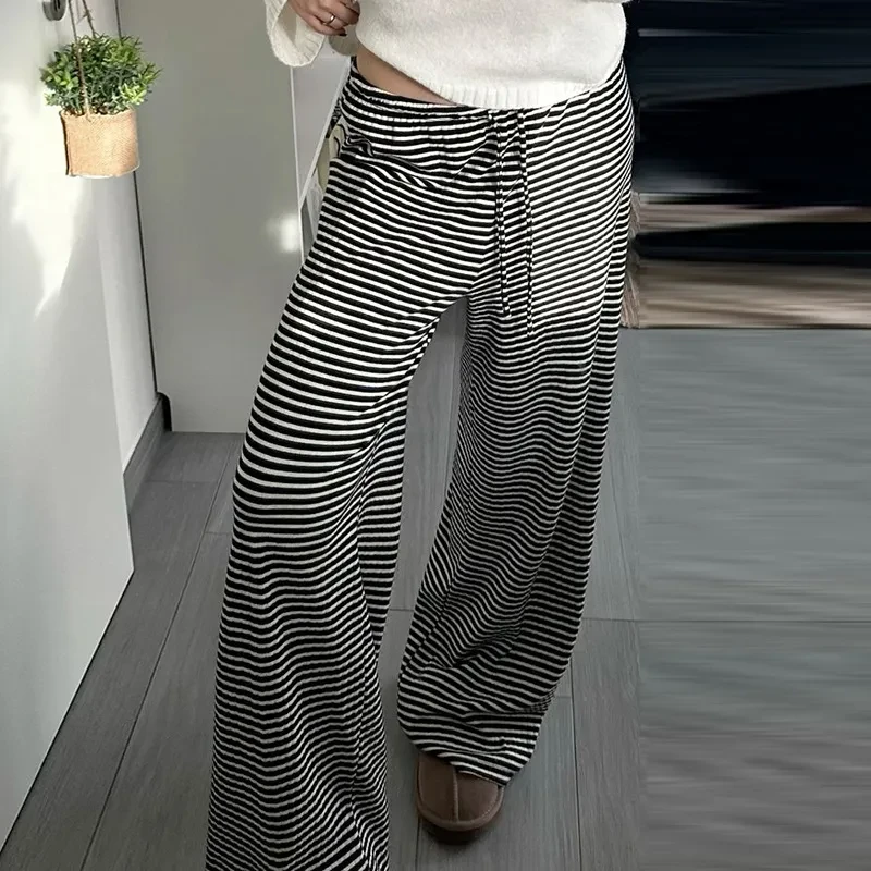 Women's Striped Print Trousers Y2K Fashion Casual Lace Up Home Straight Wide-leg Pants