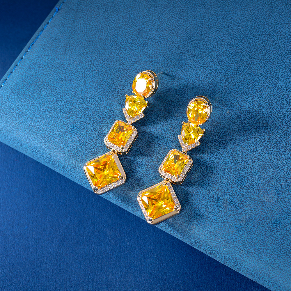 Tassel Geometric Water Drop Color Zircon 18K Gold Luxury Niche Temperament S925 Silver Stud Earrings