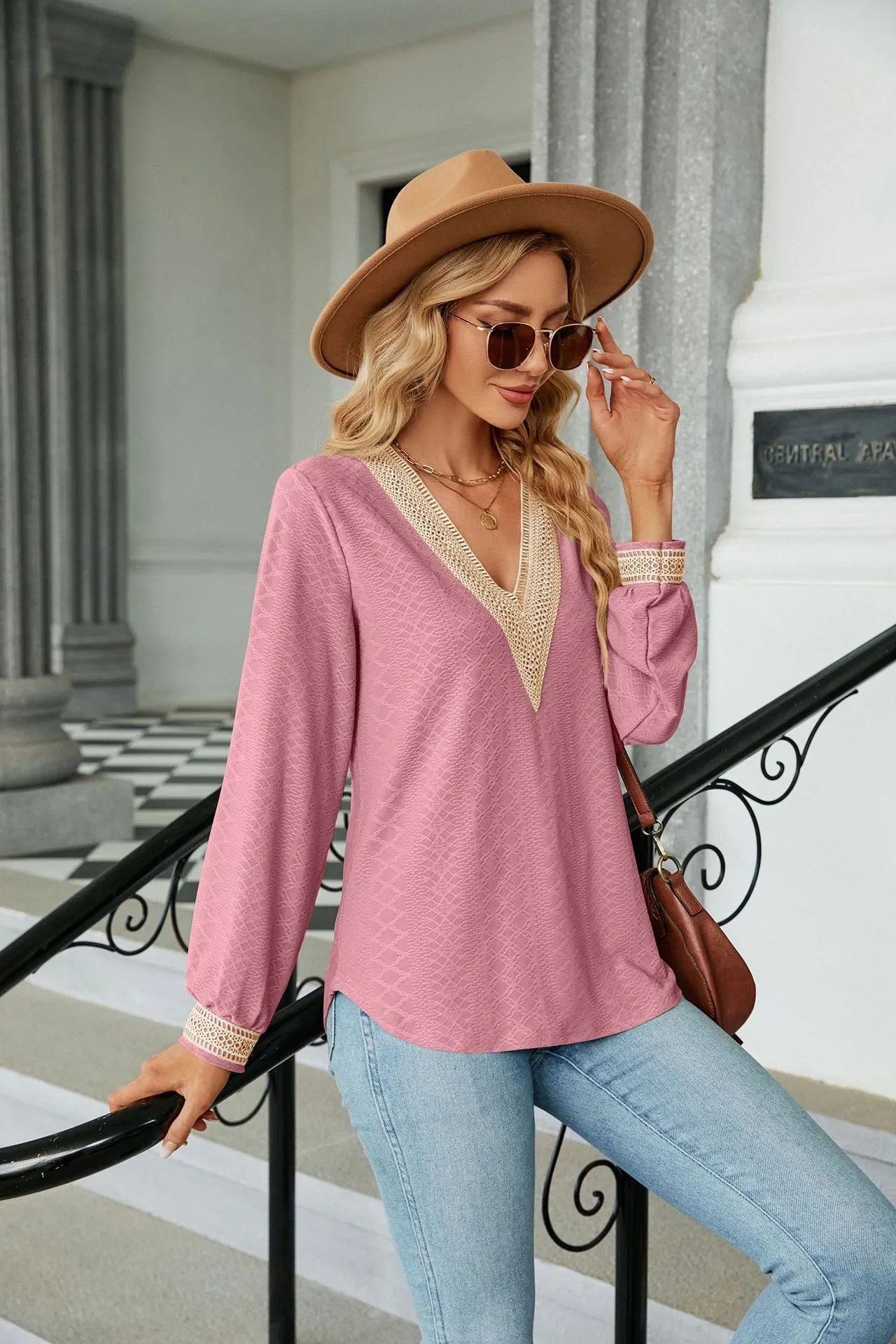 Lace Stitching V-neck T-shirt Loose Long-sleeved Solid Color Top For Women