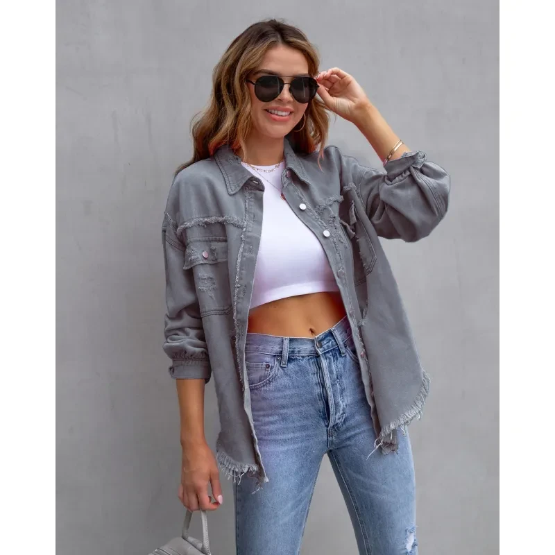 Women's Casual Ripped Shirt Jacket