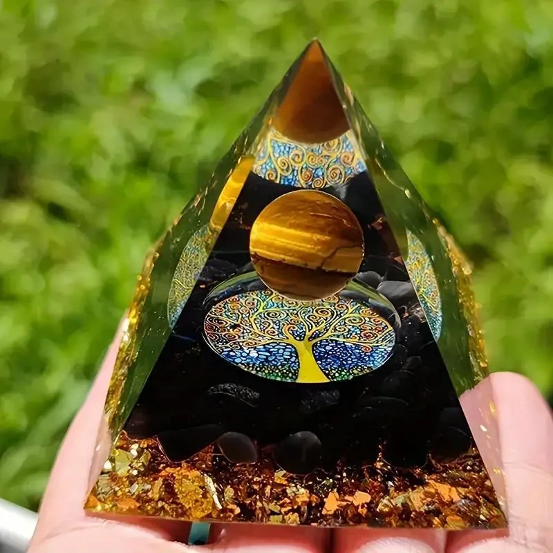 Tiger's Eye & Obsidian Crystal Pyramid - Spiritual Protection & Prosperity Decor
