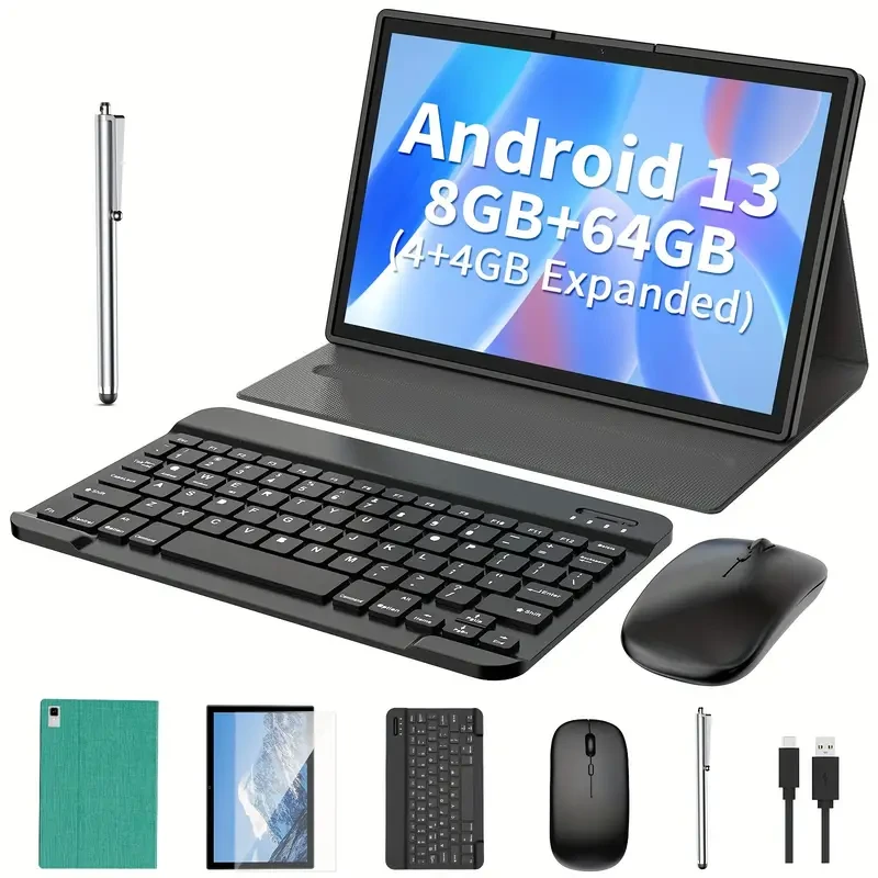 1pc Relndoo 25.65cm 2-in-1 Android Tablet PC with Keyboard, Case, Mouse, Stylus - 4+4GB RAM, 64GB ROM, WiFi, Dual Camera, LED Display, USB Type-C Charging, Mali-G52 GPU, Android 13, 2.4GHz RF, 1280x800 Resolution, Rockchip Processor, Rechargeable Battery