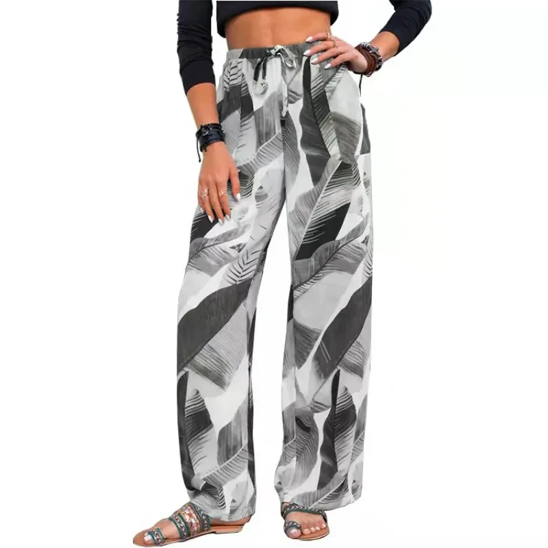 Leaf Print Drawstring Beach Pants