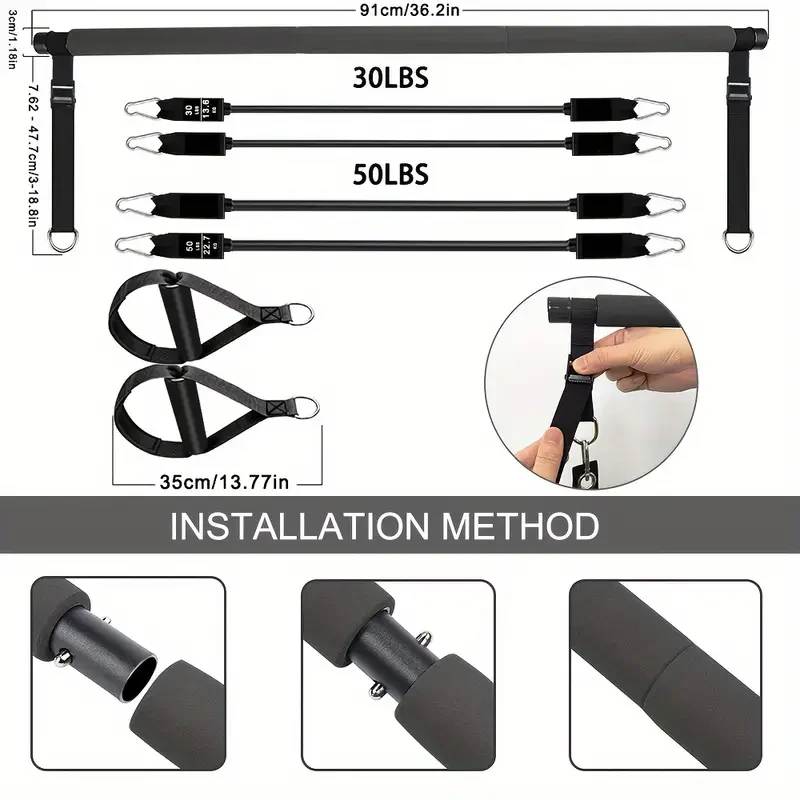 EVA Pilates Bar Kit with 4 Resistance Bands (30 & 22.68KG) - Adjustable & Portable Home Gym Equipment Set