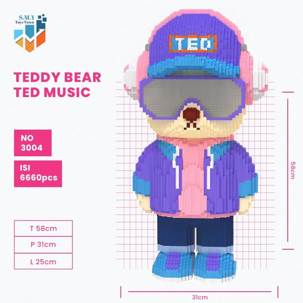 SMY Toystown Nano Blocks Teddy Bear Ted Music 3D Model, Toys Block Stacking, DIY Construction Blocks, Animation Character Decoratio