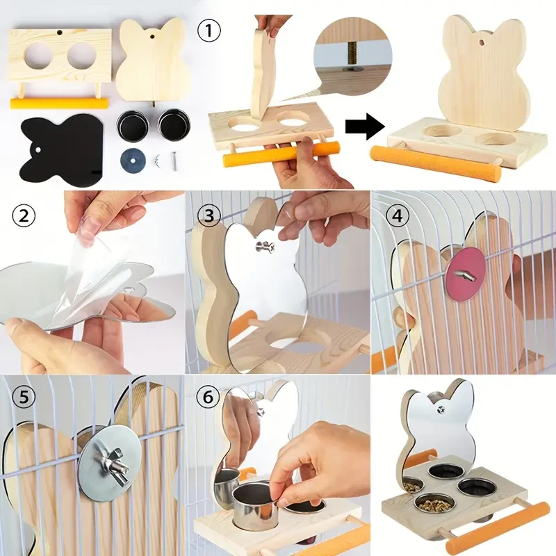 Bird Play Toy with Perch Stand & Mirror - Stainless Steel Feed Cups for Parrots