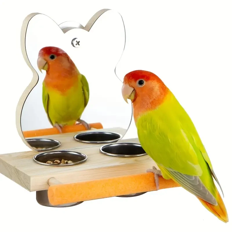 Bird Play Toy with Perch Stand & Mirror - Stainless Steel Feed Cups for Parrots