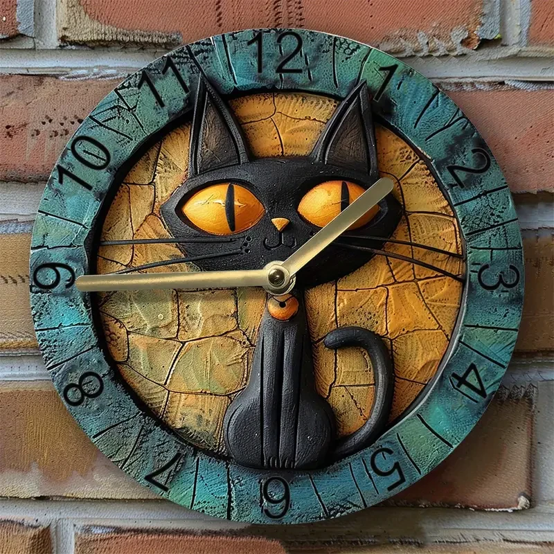 Silent 8x8" Aluminum Wall Clock with Black Cat Design