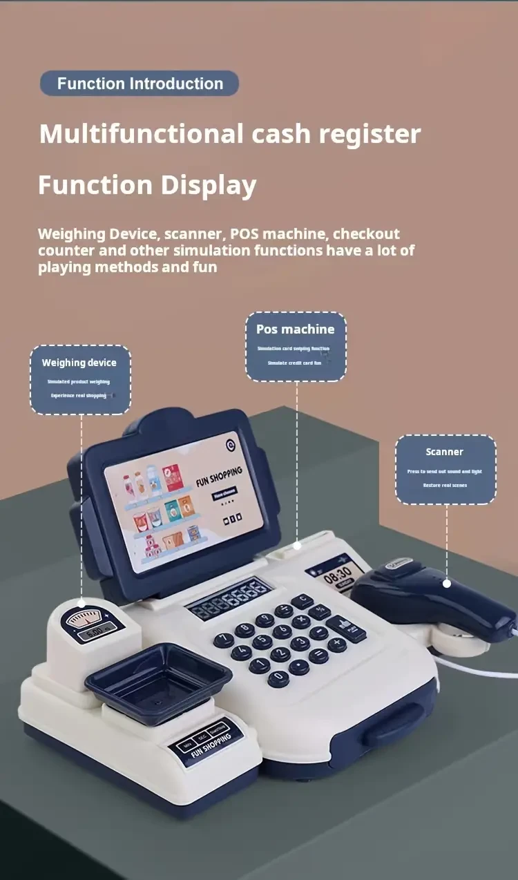 Kids Supermarket Cash Register Toy with Scanner and POS Machine Educational Role Play Set for Children Ages 3-6 Years Pretend Play Shopping Checkout with Weighing Scale, Sound & Light Effects