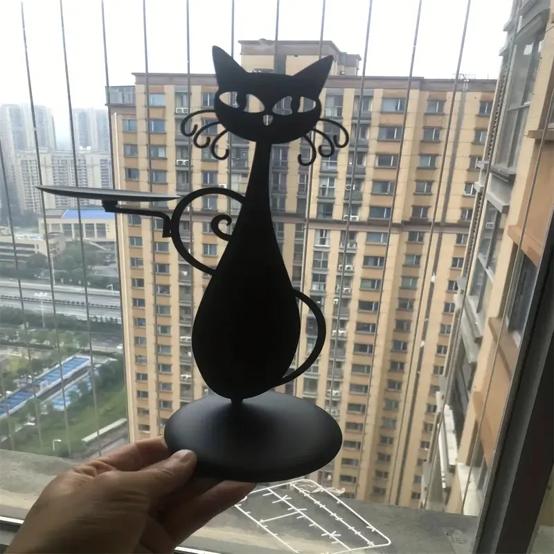 1pc Whimsical Black Metal Cat Candle Holder