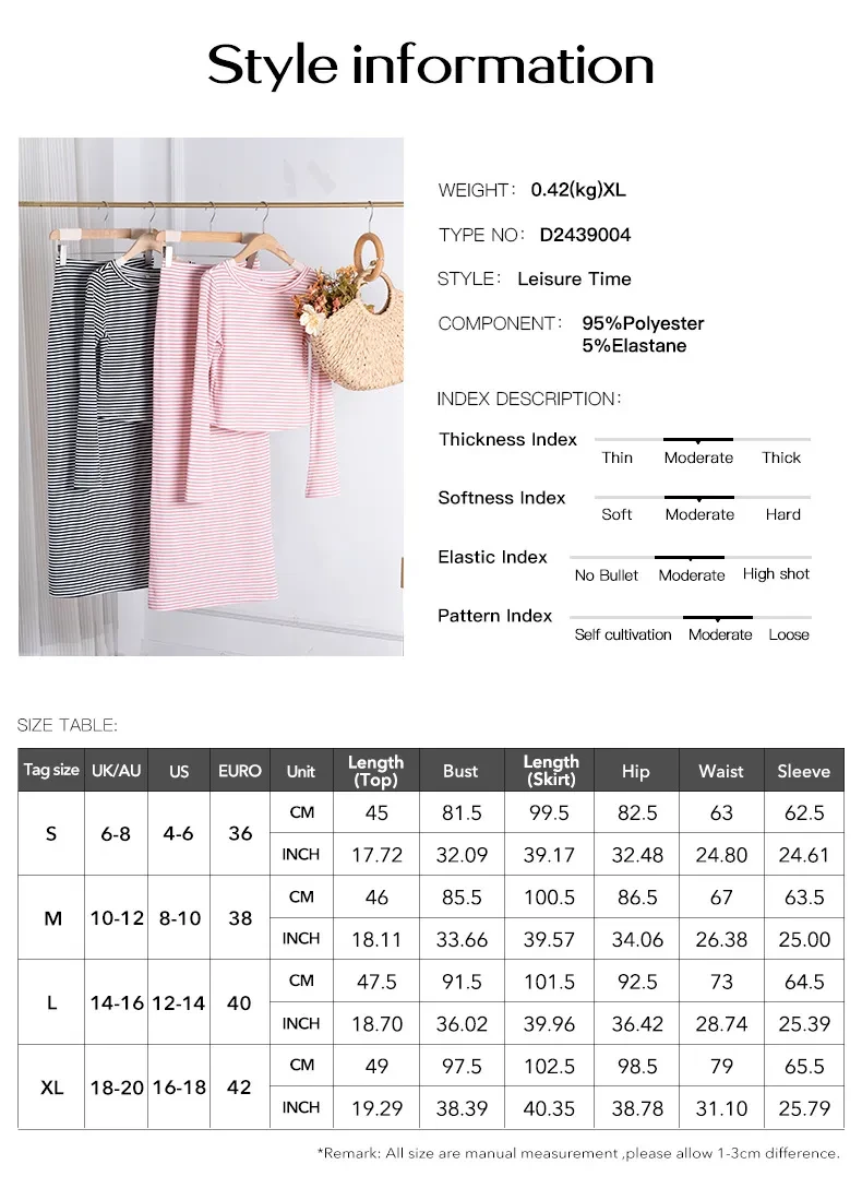 Women's Casual Contrast Color Striped Knitted Long-Sleeve Dress Set