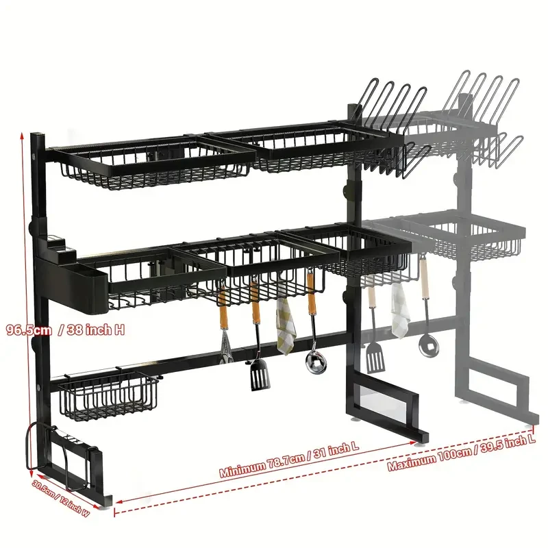 Three-Tier Kitchen Storage Rack - Spacious Sink Rack with Bowl Plate Warehouse, Knife Holder, and Retractable Adjustment