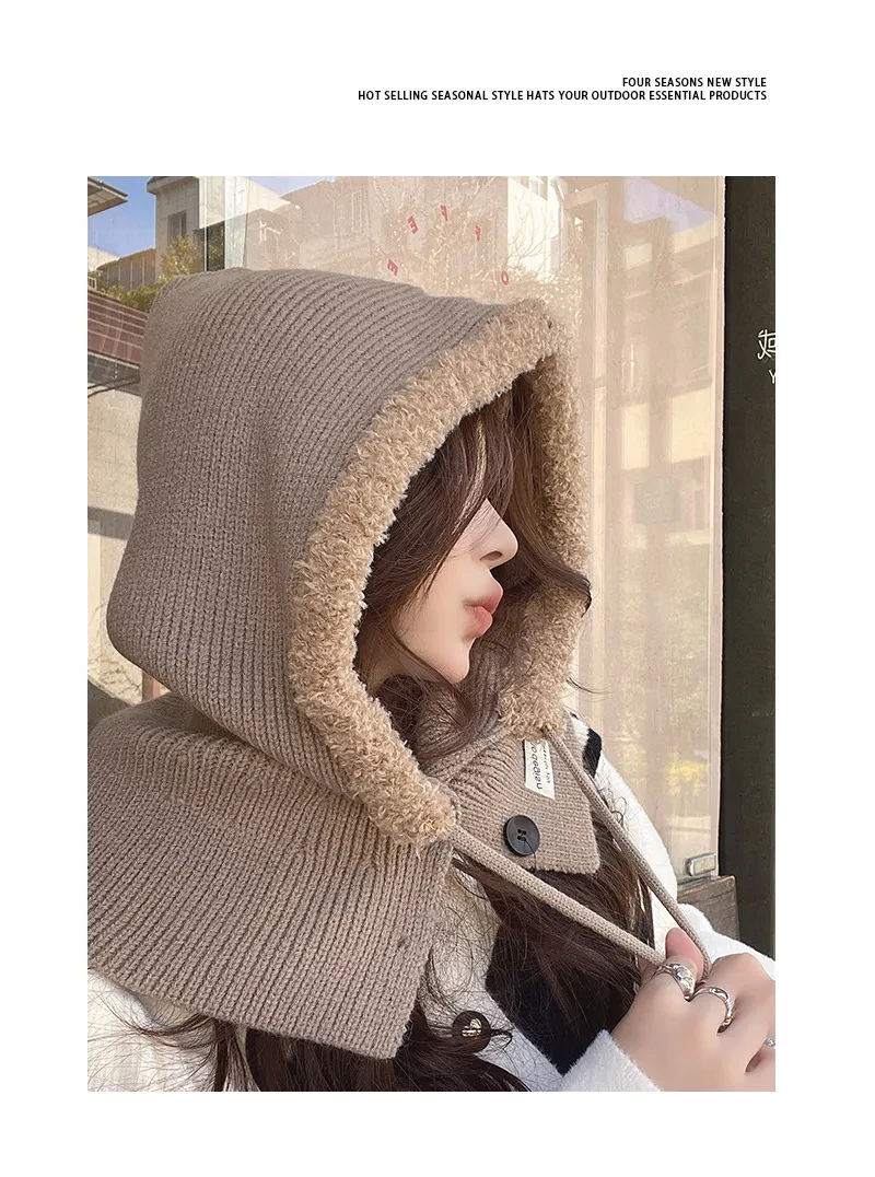 Korean Balaclava Hat Female Winter Warm Hat Scarf One Couple Earflaps Woolen Knitted Hat