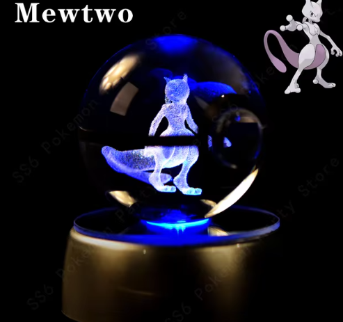 Pokemon Crystal Ball 3D Pikachu Gengar Mew Mewtwo Lamp Base Pokeball Crystal Pokemon Glass Ball Figure Night Light Birthday Gift