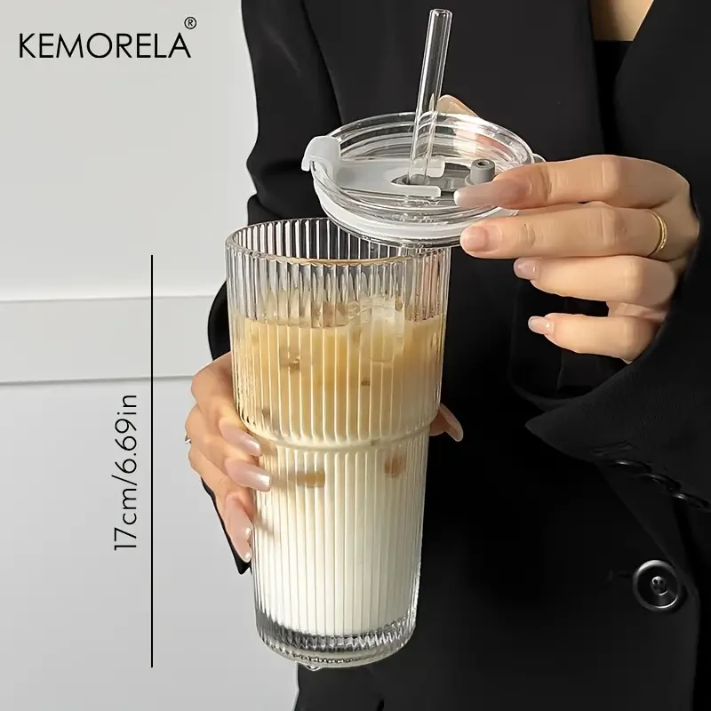EMORELA Striped Glass Cup with Lid -