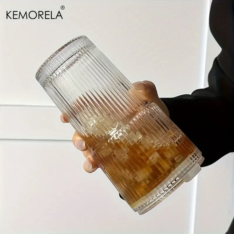 EMORELA Striped Glass Cup with Lid -