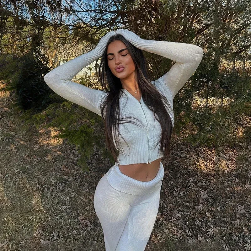 Hoodie Suit Women Leisure Sexy Zip Long Sleeve Sweater And High Waist Long Pants Set