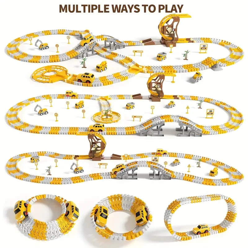 Kids Construction Toys 302 PCS Race Tracks Toy with Playmat - 5 PCS Truck Car and Flexible Track Play Set
