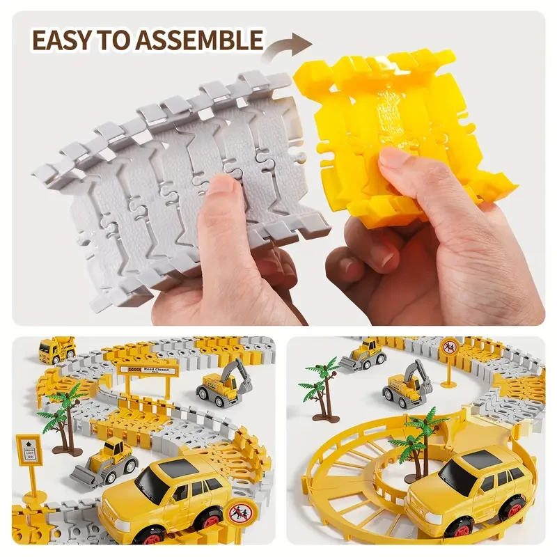 Kids Construction Toys 302 PCS Race Tracks Toy with Playmat - 5 PCS Truck Car and Flexible Track Play Set