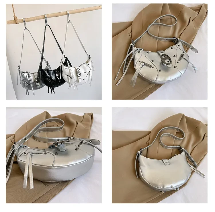 All-match Crescent Dumpling Leisure Commute French Rivet Motorcycle Bag