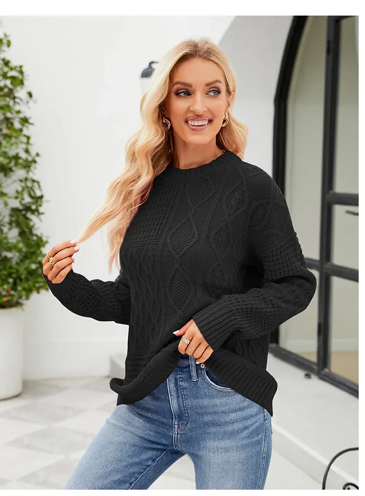 Casual Round-neck Pullover Sweater Fall Winter Solid Color Cable-knot Pattern Tops