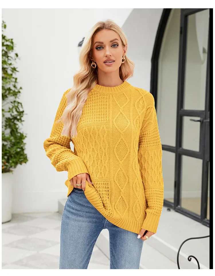 Casual Round-neck Pullover Sweater Fall Winter Solid Color Cable-knot Pattern Tops