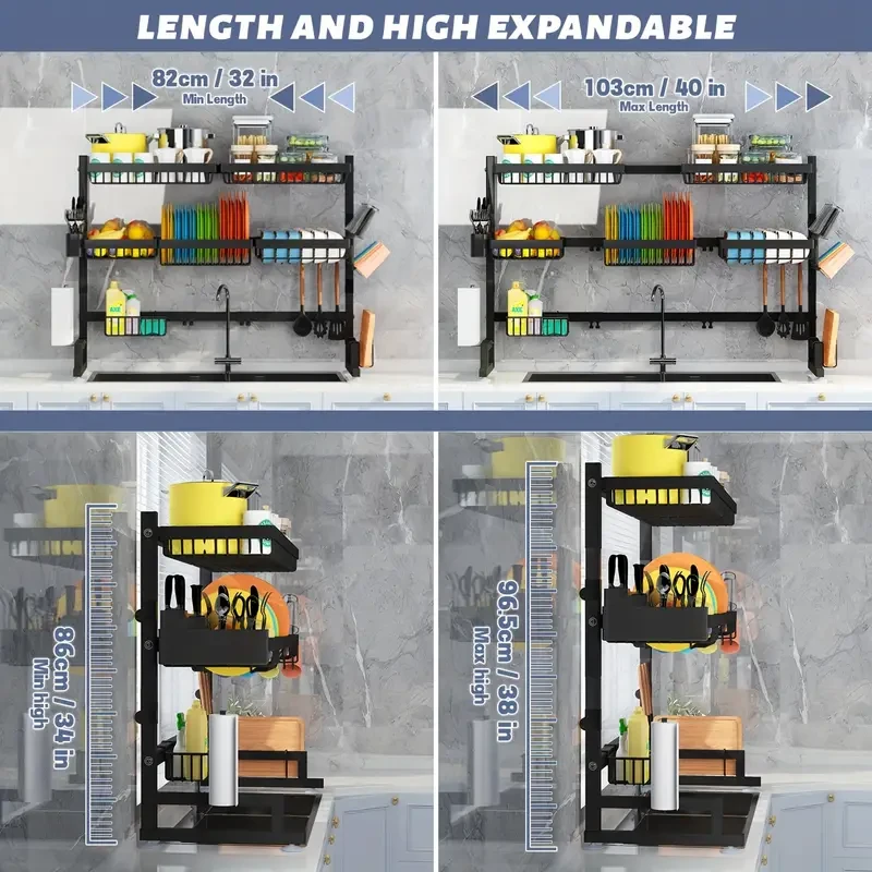 Three-Tier Kitchen Storage Rack - Spacious Sink Rack with Bowl Plate Warehouse, Knife Holder, and Retractable Adjustment
