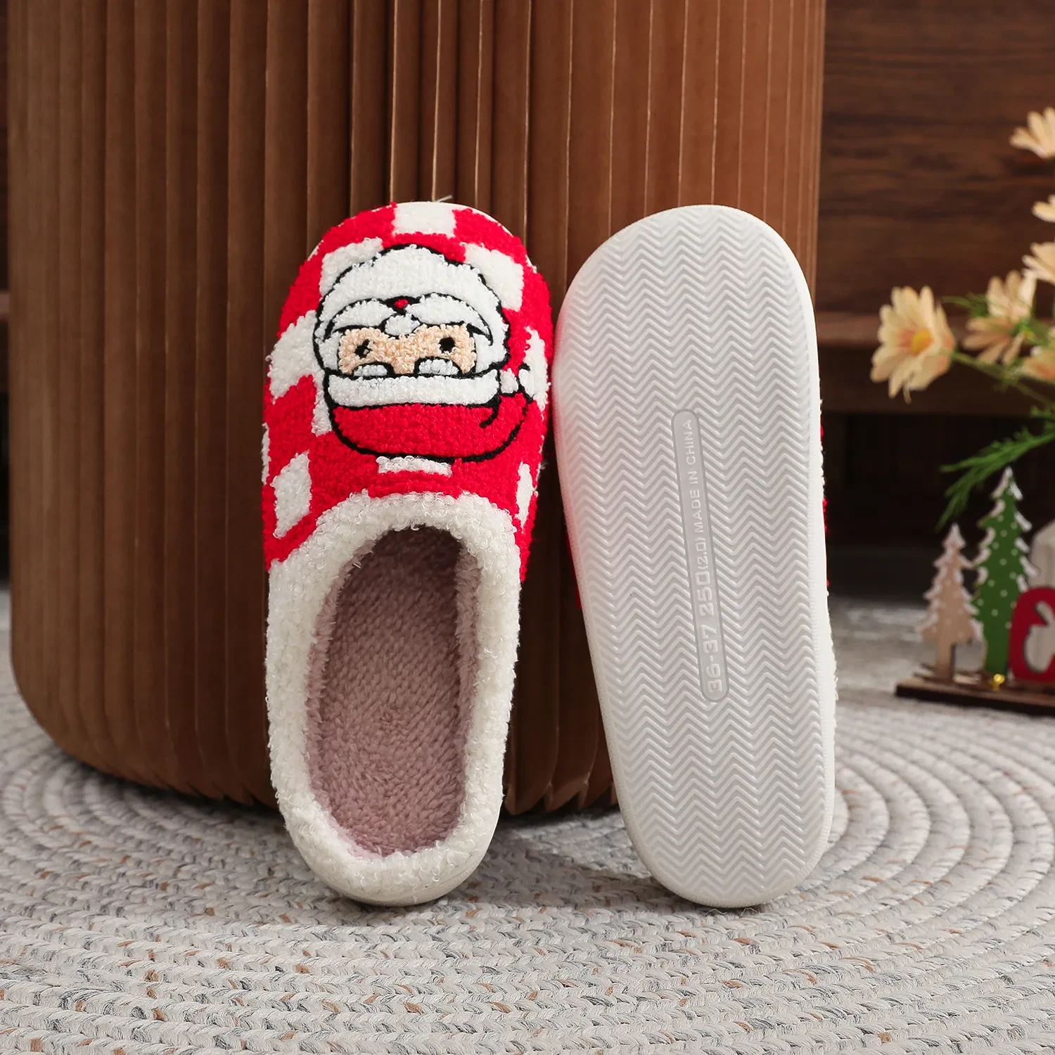 New Christmas Plaid Santa Claus Slippers Winter Indoor Non-slip Floor Bedroom Fuzzy House Shoes For Women Home Slipper