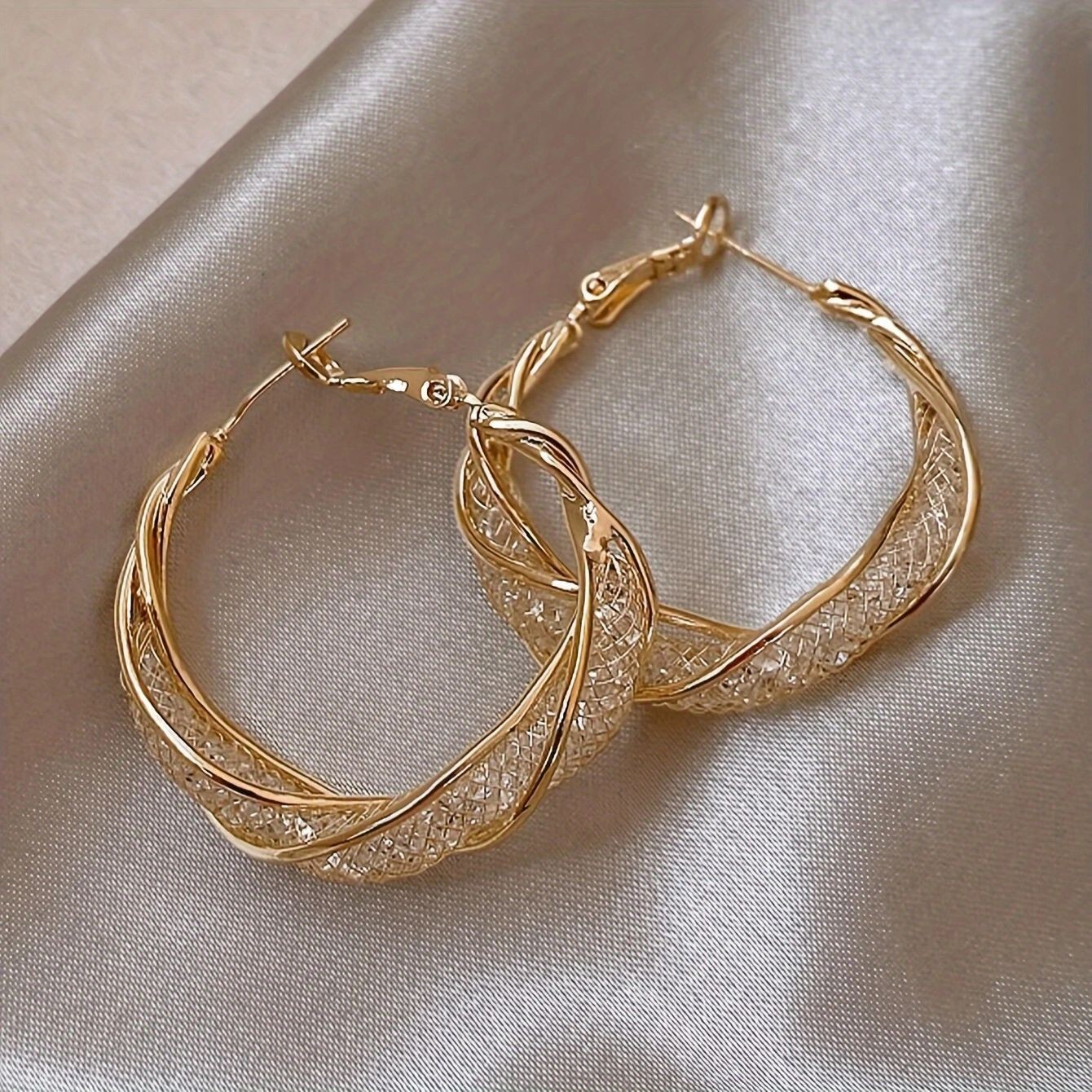 Elegant Shiny Mesh Design Rhinestones Hoop Earrings