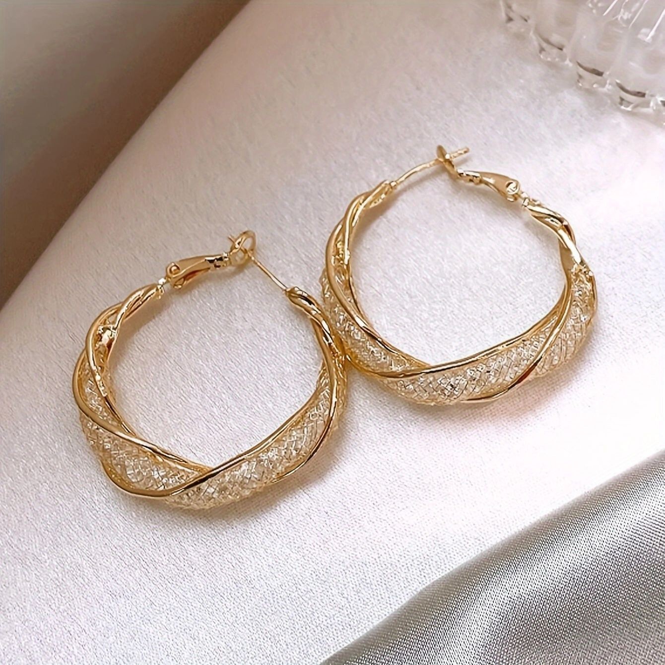 Elegant Shiny Mesh Design Rhinestones Hoop Earrings