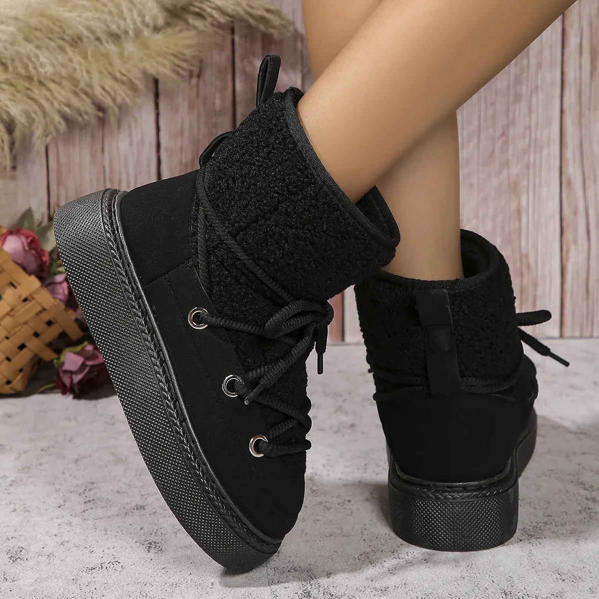 Lace-up Snow Boots Winter Flat Thick-soled Height-enhancing Cotton Shoes