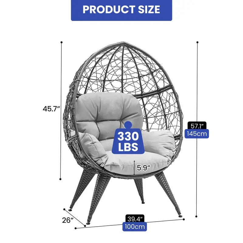 Egg Chair with Stand - Rattan Wicker Outdoor/Indoor Lounger with Cushion, 330lbs Capacity