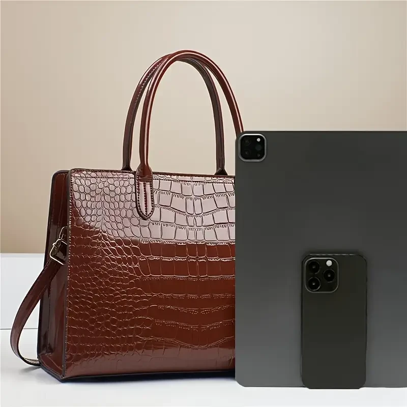 1pc Elegant Crocodile Pattern Faux Leather Tote Bag for Women, Fashionable High-End Handbag with Removable Strap, Zipper Closure, Polyester Lining, and Includes Matching Wallet