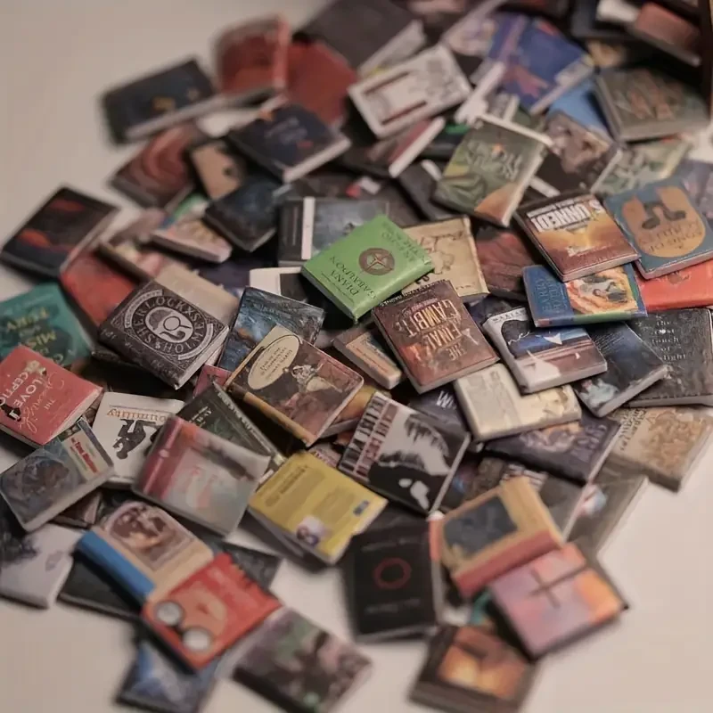 3D Wooden Bookshelf Miniature with 100 Mini Books - Rustic Shaker Decor