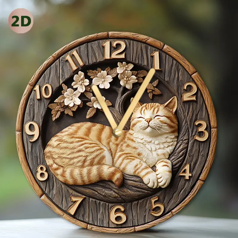 Charming Tabby Cat & Cherry Blossom Wall Clock