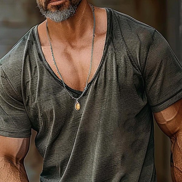 Men's Casual V-Neck Cotton Blend Patch Pocket Short Sleeve T-Shirt