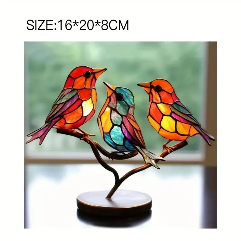 Metal Colorful Bird Tree Branch Ornament - Lifelike Hummingbird Sculpture for Desktop or Bedroom