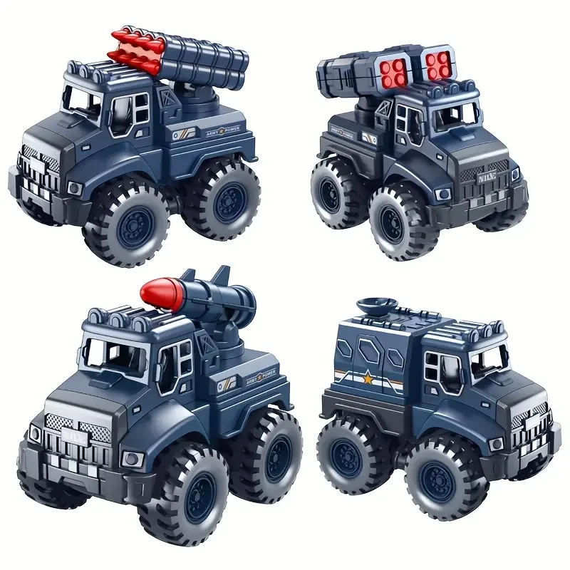 Push-Operated 4-Piece Mini Military Series Armored Vehicles Set with Missile and Rocket Launcher Models for Boys, Suitable for Ages 3-6 Years Inertia Toy Trucks with No Wireless Features