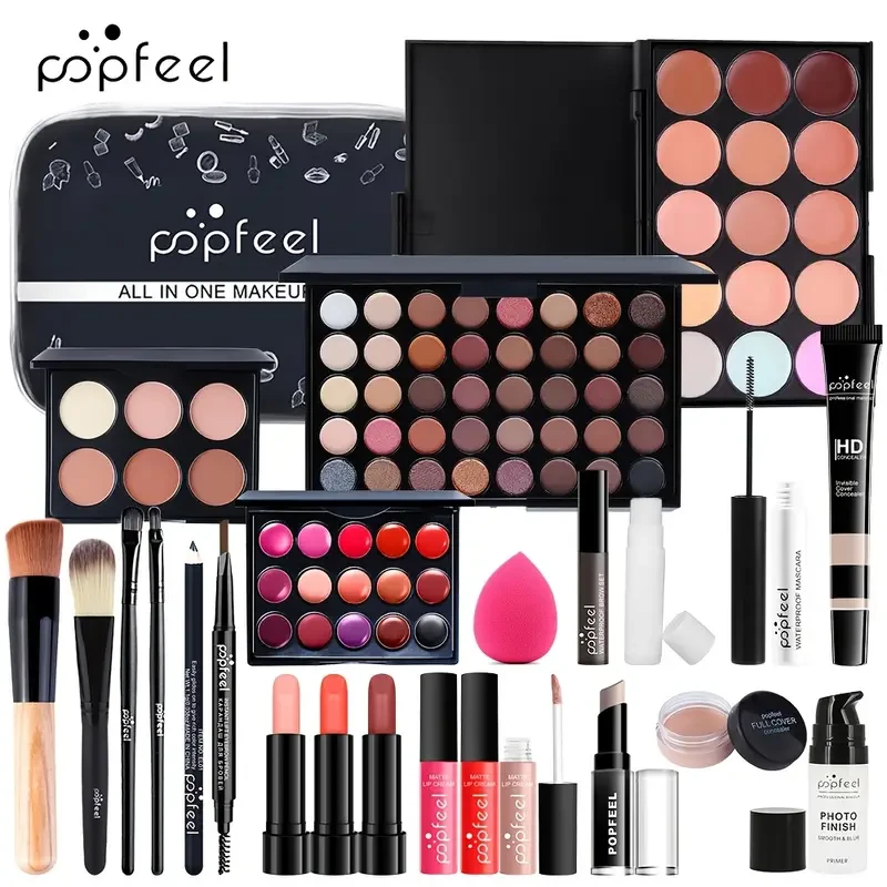 24pcs All-in-One Makeup Kit, Mixed Color Palette, Foundation, Concealer, Eyeshadow, Lipstick, Brushes, Tools, Paste Form, Complete Cosmetic Set