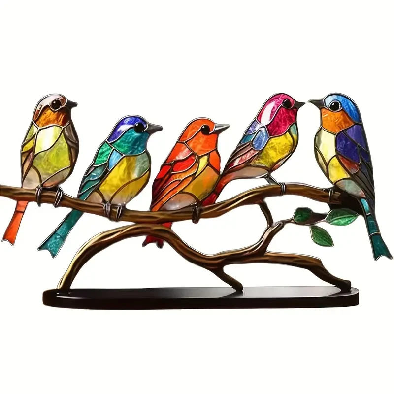Metal Colorful Bird Tree Branch Ornament - Lifelike Hummingbird Sculpture for Desktop or Bedroom