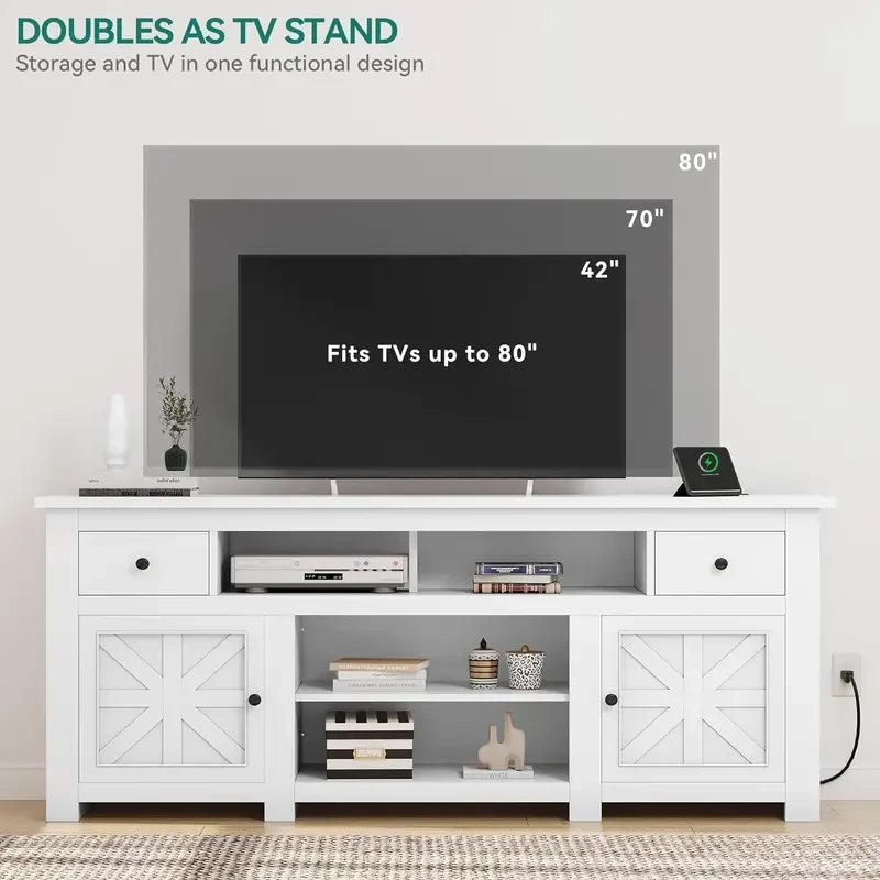 Farmhouse TV Stand for TVs up to 80 Inch - Modern 70" Entertainment Center with Storage Cabinets and Drawers